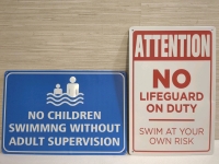 2 New Metal Swimming Caution Themed Home Decor Signs 8x12 inches.