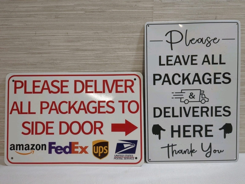 2 New Metal Package Delivery Guide Signs 8x12 inches.
