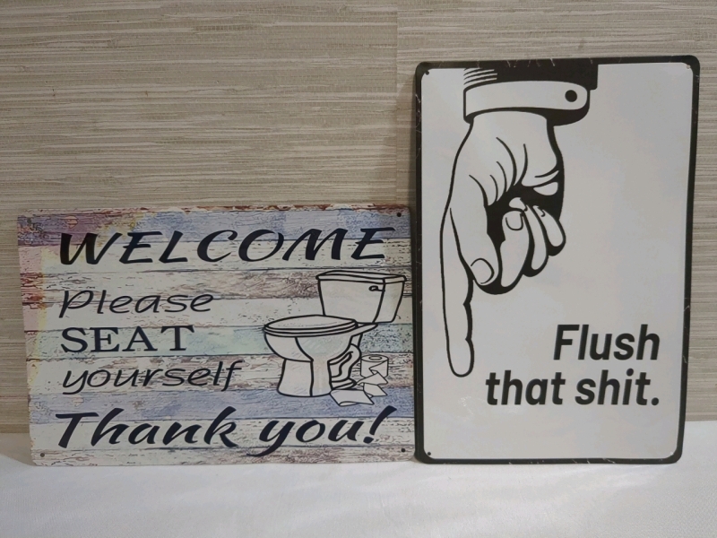 2 New Metal Bathroom Etiquette Signs 8x12 inches.
