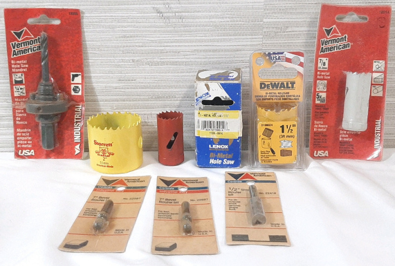 Assorted Tool Piece Lot, Including Holesaws, Router Bits & Mandrel from Vermont American, DeWalt, Starrett & Lenox