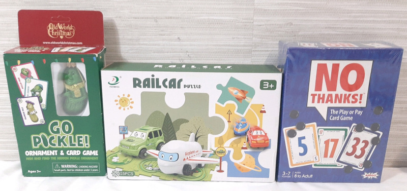 3 New Box Games & Puzzle, Including Go Pickle, Railcar Puzzle & No Thanks