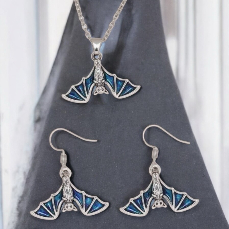 3 Piece Exquisite Enamel Bat Pendant Necklace & Earrings Set<br/>Approximately - Pendant .75 x 1 inch <br/>Chain 17 Inch Sheppard Hook Earrings 1.25 Inch Drop