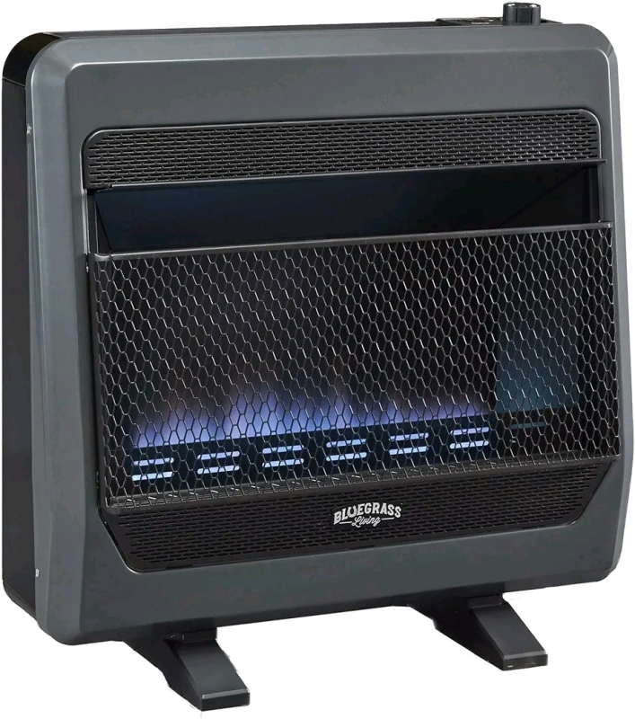 As New Bluegrass Living B30TNB-BB Ventless Natural Gas Blue Flame Space Heater with Thermostat Control, 30000 BTU, Heats Up to 1400 Sq. Ft., Includes Wall Mount, Base Feet, and Blower, Black Retails for $567