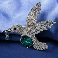 Beautiful Green Hummingbird Brooch with Sparkling Rhinestones and Cab Rhinestone Gemstones Emerald Green Bezel Drop Approximately 2 x 2 Inch