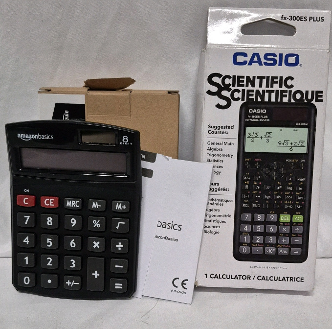 2 New Calculators Casio Scientific FX-300ES Plus & Amazon Basics Desktop Calculator