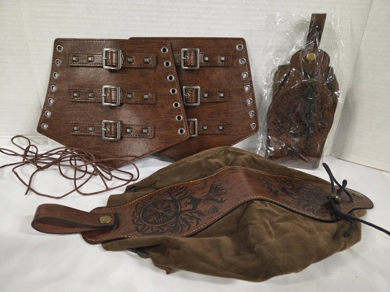 4 New | Leather Apparel Lot | 2 Arm Bracers & 2 Belt Pouches | Perfect for Costumes, Fairs & Parties