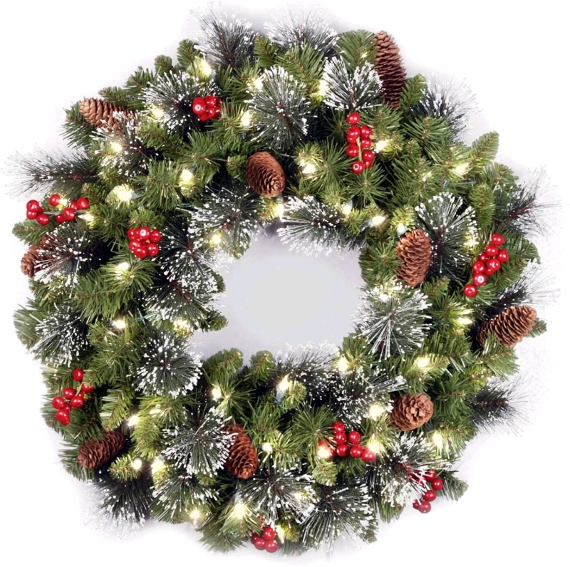 New in Box &bull; National Tree 24 Inch Crestwood Spruce Wreath with Silver Bristles, Cones, Red Berries and 50 Battery Operated Warm White LED Lights CW7-306-24W-1) | Retails Over $80!