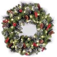 New in Box &bull; National Tree 24 Inch Crestwood Spruce Wreath with Silver Bristles, Cones, Red Berries and 50 Battery Operated Warm White LED Lights CW7-306-24W-1) | Retails Over $80!