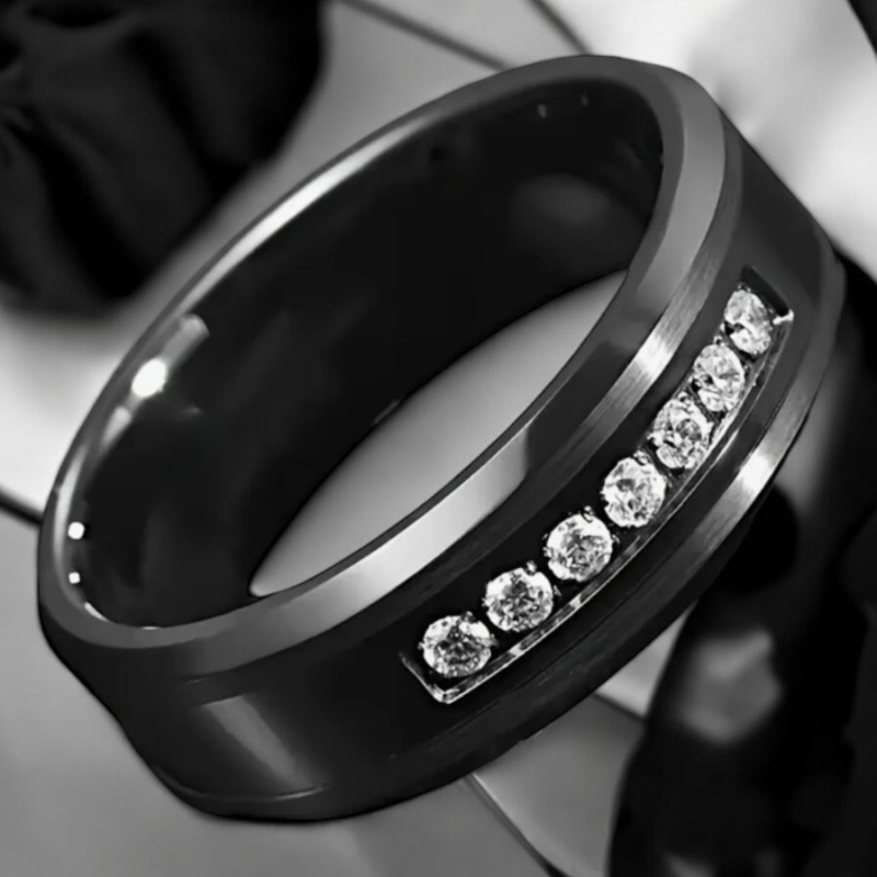 8mm Black Tungsten Steel Band with 7 Stones Size 9.5 Classic Elegance