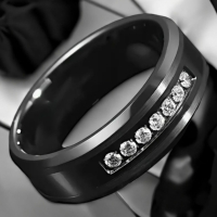 8mm Black Tungsten Steel Band with 7 Stones Size 9.5 Classic Elegance