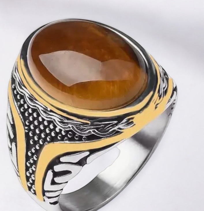 New Tigers Eye Titanium Steel Minimalist Ring Retro Oval Natural Stone 316L Stainless Steel Size 11