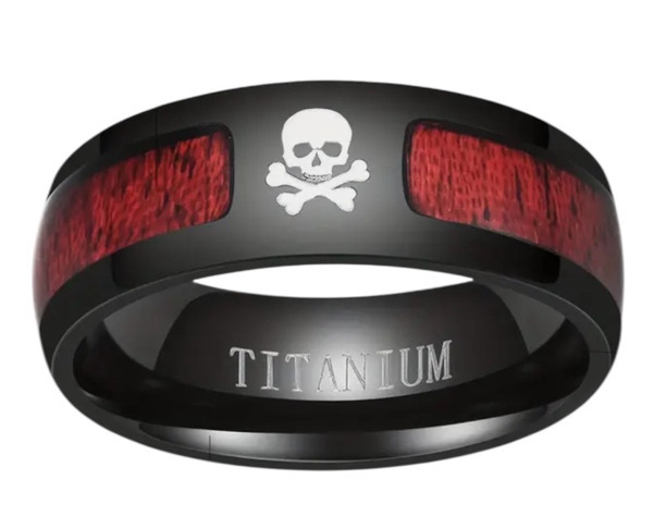 Skull 8mm Wide Titanium Steel Ring Black with Red Wood Accents Size 11 Stamped