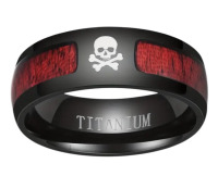Skull 8mm Wide Titanium Steel Ring Black with Red Wood Accents Size 11 Stamped