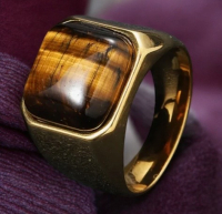Tiger's Eye Square Ring 18K Gold-Plated Stainless Steel Band with Natural Stone Size 10