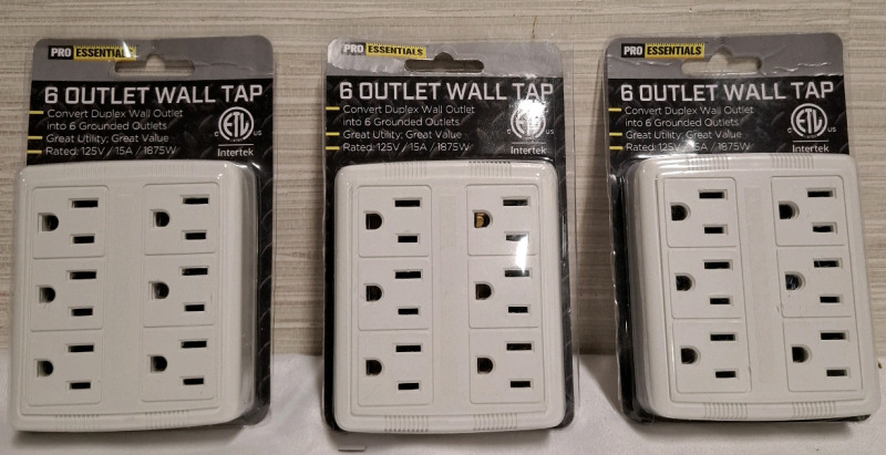 3 New Pro Essentials Six Outlet Wall Taps | Convert Duplex Wall Outlet into 6 Grounded Outlets | Rated: 125V/15A/1875W