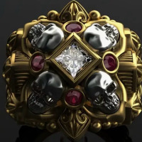 4 Set Skulls with 4 Red Round CZ and Centre Diamond Shaped Clear CZ Ring Ornate and Detailed Size 11