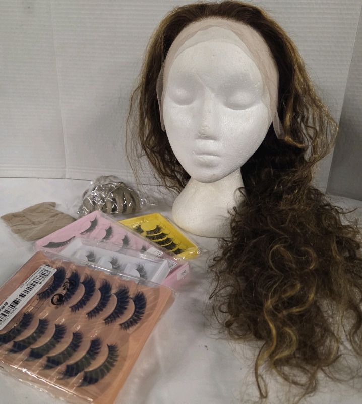 New | Ladies Beauty Lot | Includes (1) 28" Long Lacefront Wig, (4) Packs of False Lashes & (1) Hair Clip