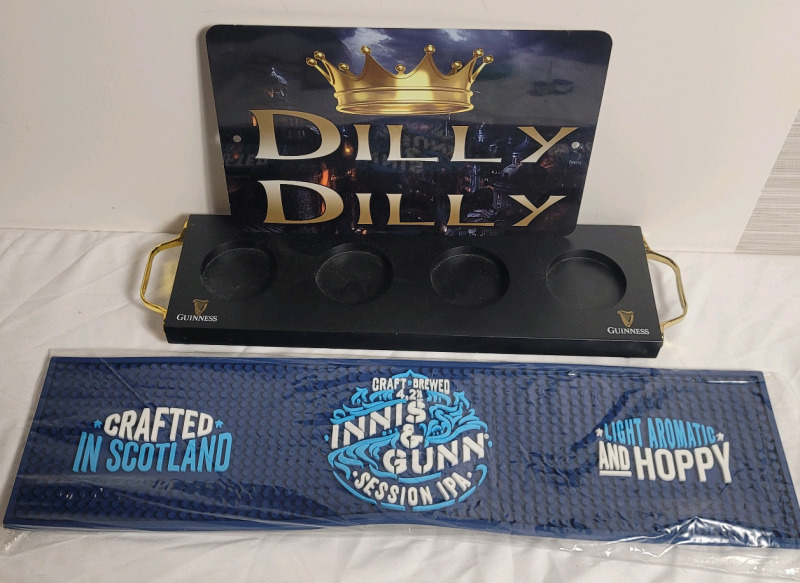 Assorted Bar Accessories . Guinness Glass Tray , Innis & Gunn Bar Mat and Bud Light " Dilly Dilly " Metal Wall Sign