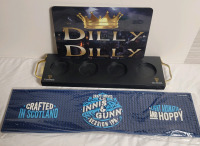 Assorted Bar Accessories . Guinness Glass Tray , Innis & Gunn Bar Mat and Bud Light " Dilly Dilly " Metal Wall Sign