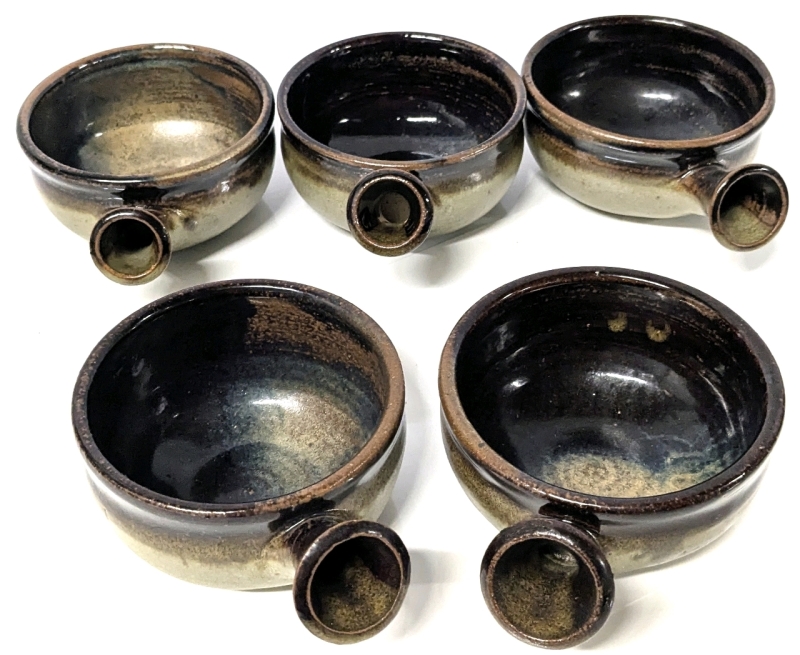 5 Signed Gorgeously Glazed Stoneware Handled Soup / French Onion Soup Bowls - 4.25" Diameter &times; 2.5" Tall ea