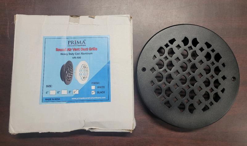 New - 8" Prime Round Air Vent Duct Grille , Heavy Duty Cast Aluminum - Black