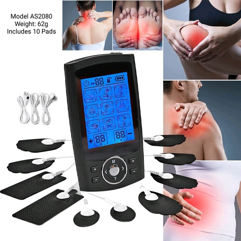 New TENS Unit AS2080 Muscle Stimulator Machine Pulse Massager Therapy Pain Relief - Rechargeable/ Portable With 10 Pads
