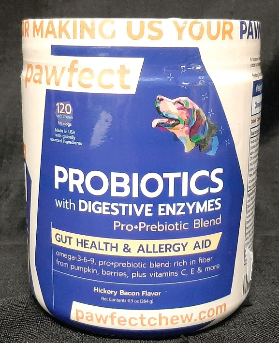 New Tub of Pawfect Chews Probiotics with Degestive Enzymes, Hickory Bacon Flavor (264g, Best Before October 2027)