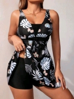New Size LARGE Women's 2-Piece Tropical Plant Prit Tankini Bathing Suit With Boy Shorts