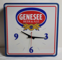 As Is Vintage GENESEE Beer & Ale Light-Up Bar Wall Clock . Tested - Light Not Working , Connot determine if Clock working . Measures 16"&times;16" . Minute & Second hands do come off