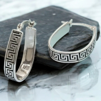 S925 Silver Oval Greek Key Hoop Earrings <br/>Approximately .87 Inch Drop Stamped