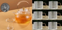New in Box &bull; 700ml Glass Teapot With Infuser & 6 Hammered Glass Cups 2" Tall With Yellow Glass Handles