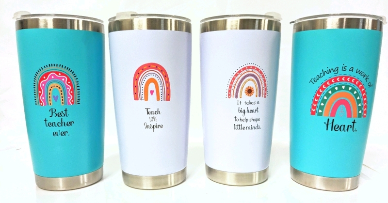 4 New Cute Teacher Appreciation Travel Tumblers With Lids - 7" Tall Rachb