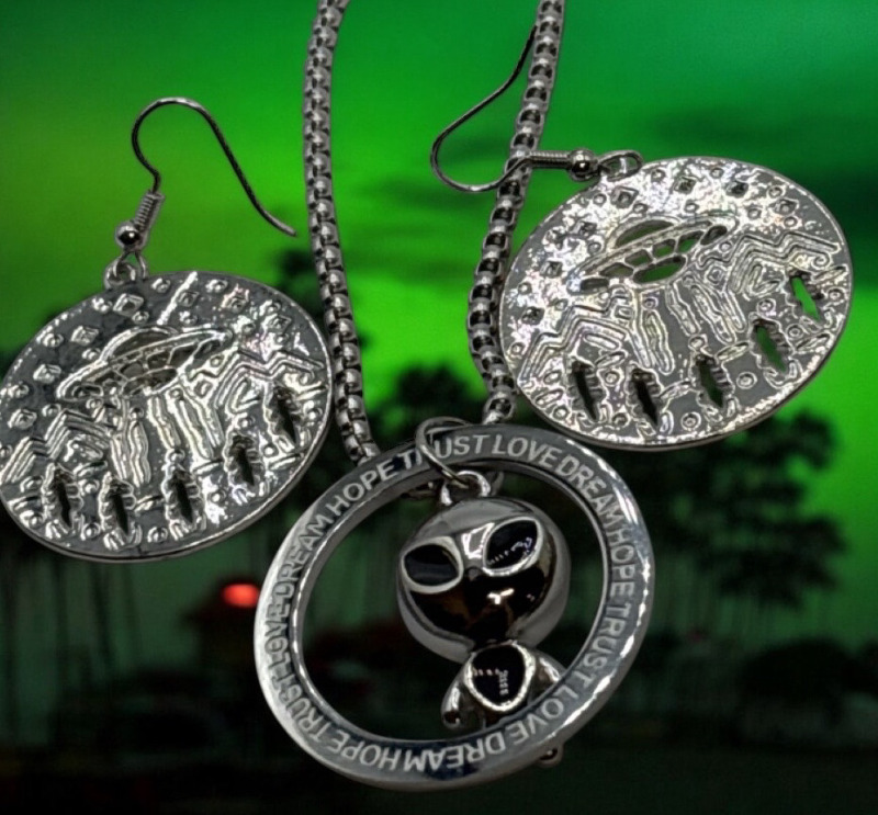 Alien Pendant Necklace 316L SS Enamel Eyes and Belly Medallion / Forest Alien Spaceship Earrings Trust Love Dream Hope - see more in description