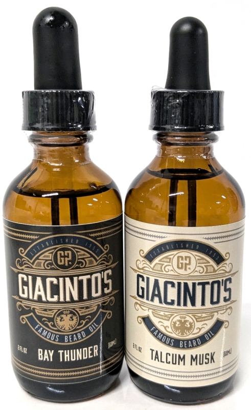 2 New GIACINTO'S Premium Beard Oils - Bay Thunder & Talcum Musk (60ml ea)