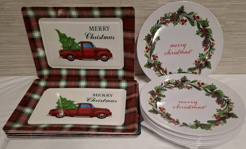 13 New Melanine Dinner Plates (Measurements- 10.9" X 10.9") and 6 New Melanine Trays (Measurements- 10" X 13.8"