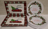 13 New Melanine Dinner Plates (Measurements- 10.9" X 10.9") and 6 New Melanine Trays (Measurements- 10" X 13.8"