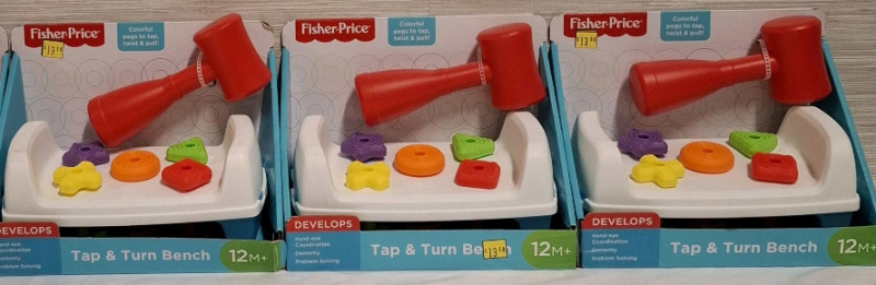 3 New Fisher Price Plastic Tap & Turn Bench Toys | Package Measurements- 8" X 10"