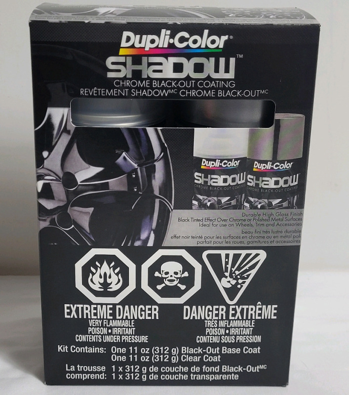 New - Dupli-Color Shadow Chrome Blackout Coating Kit . Kit includes : One (1) 11oz. Black-Out Coat & One (1) 11oz. Clear Coat .