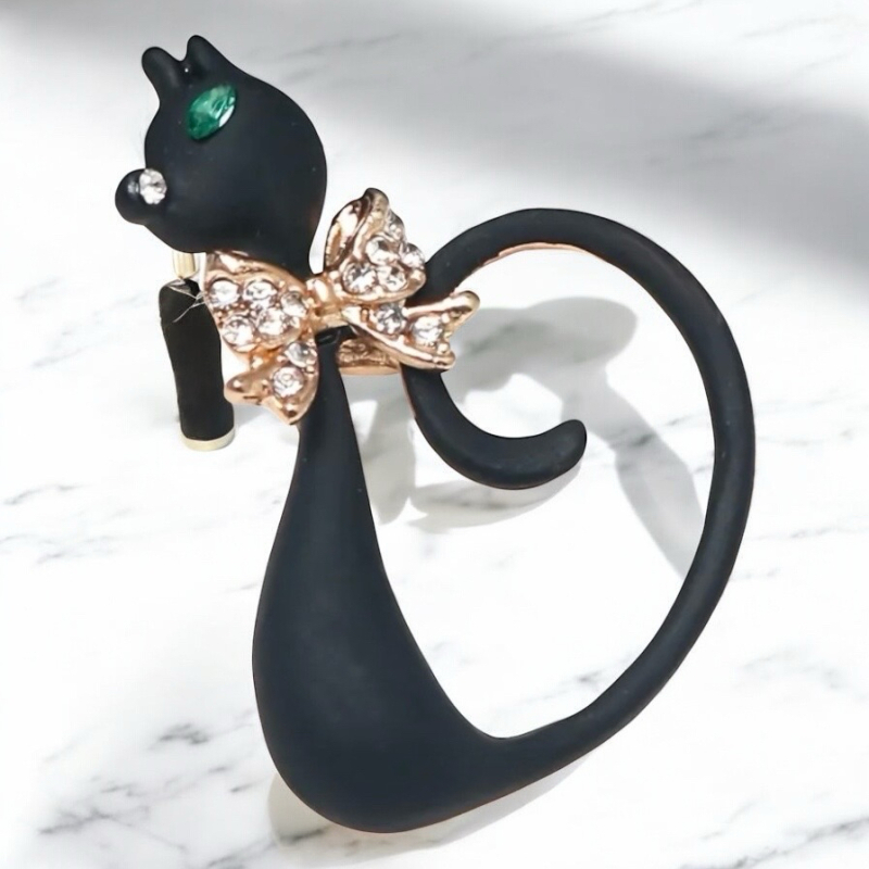 Classic Long Tail Cat Brooch Green Rhinestone Eye and Clear Nose Tip Gentleman Rhinestone Bow Tie Approximately 1.7 x 1.22 Inch