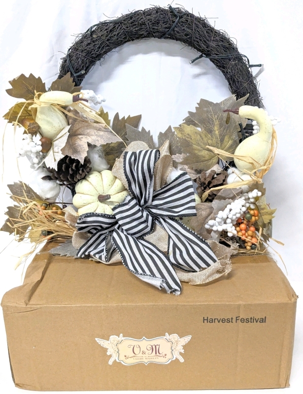 New in Box &bull; VALERY MADELYN 14" Harvest Festival Front Door Wreath With Battery-Powered Fairy Lights - Folds in Half For Easy Storage!