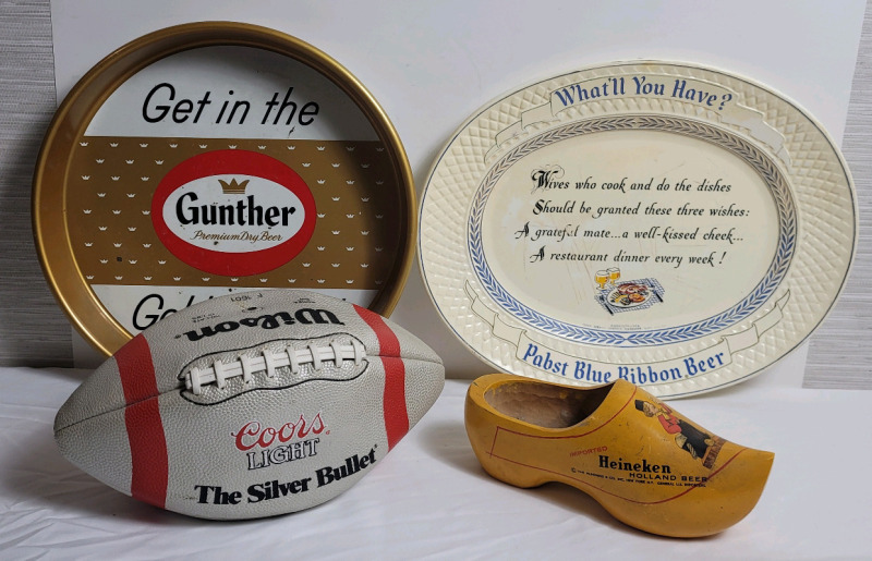 Gunther Premium Beer Tray , Pabst Blue Ribbon Beer Coors Light Football & Heineken Beer Clog