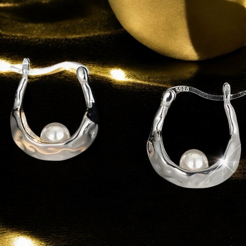 925 Sterling Silver With Freshwater Pearl Elegant Crescent Hoop Earrings<br/>Approximately .78 Inch Drop