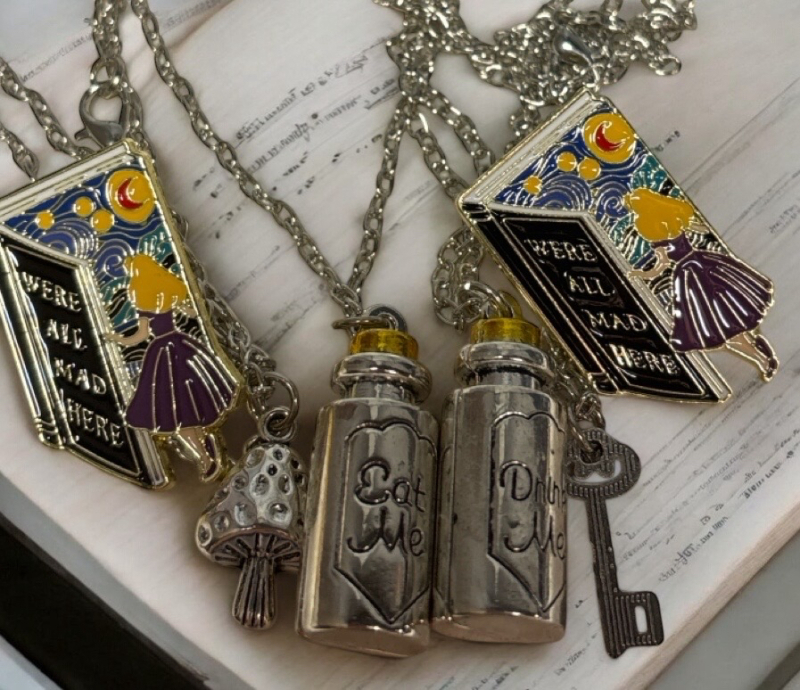 Alice Were All Crazy Here x 2 Enamel Lapel Pins / Two Alice Bottled Necklaces Eat Me Drink Me Share with Your BF