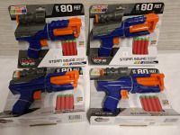 4 New Storm Squard Quickshot Blasters | Each Pack comes with 4 Darts | Package Measurements- 8" X 9.5"