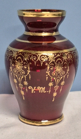 Lovely Vintage Red Ruby Glass Vase 4.25" Tall with Intricate Design