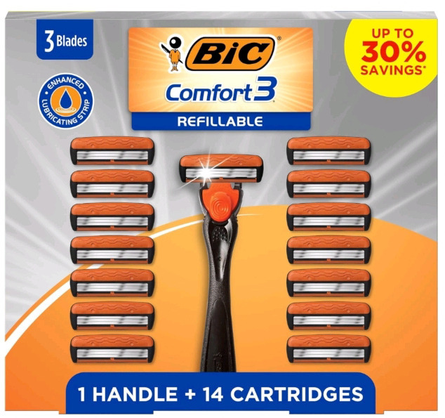 New | BIC Comfort 3 Bladed Refillable Razor Handle w/ 14 Cartridges | Box Measures 8"