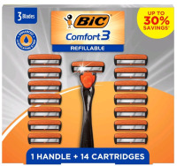 New | BIC Comfort 3 Bladed Refillable Razor Handle w/ 14 Cartridges | Box Measures 8"