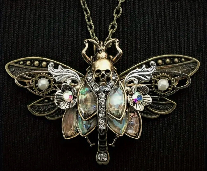 Skull Pendant Vintage Moth Cubic Zirconia Necklace <br/>Pendant Approximately 1.45 x 2.20 inch with Chain Appr 20 Inch