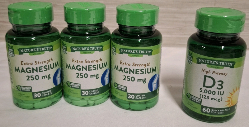 3 New Nature's Truth Magnesium 250mg Jars & 1 New Nature's Truth High Potency D3 5000IU/125mcg Jar