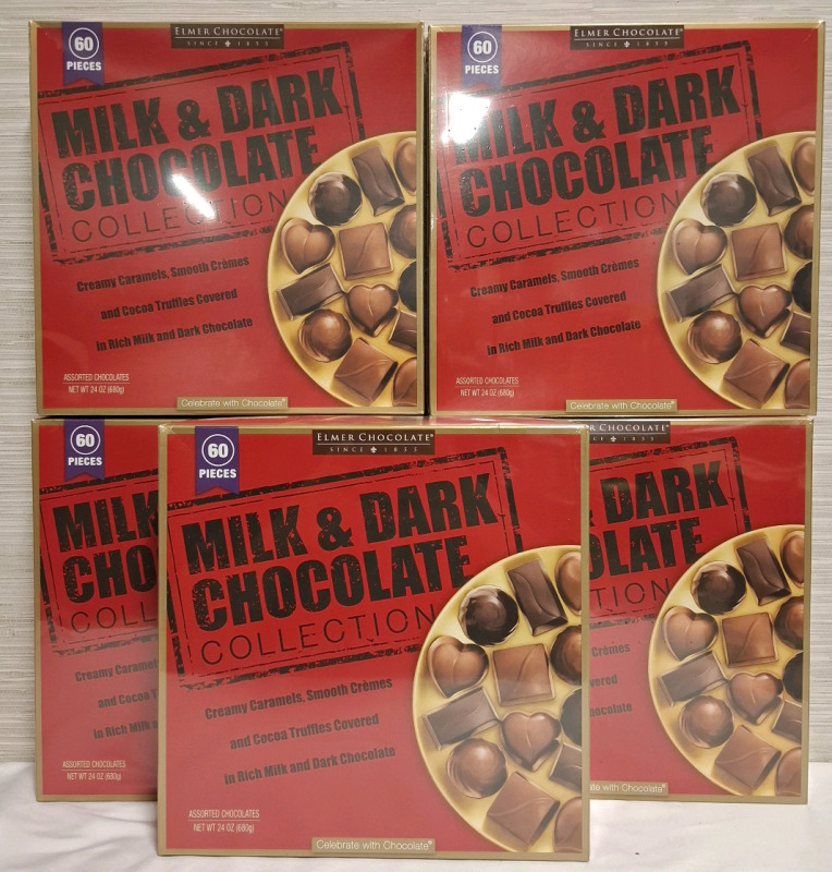 5 New Elmer Chocolate Milk & Dark Chocolate Boxes | Net WT 680g per box | 60pcs per box | Box Measurements- 10.6" X 10.2" | Best Before- 05/05/2026
